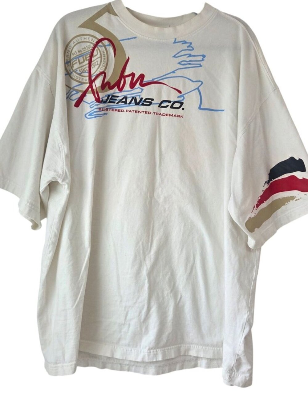 VTG FUBU Jeans Co White Cream Y2K T-Shirt Front Spellout Men's XL